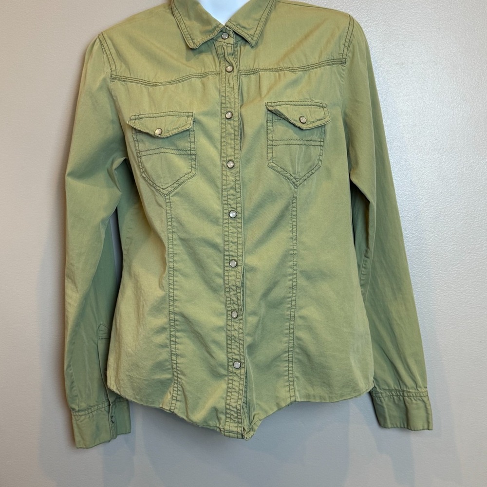 Dots Women's Medium Olive Green Snap Front Utility Button-Up Shirt Jacket